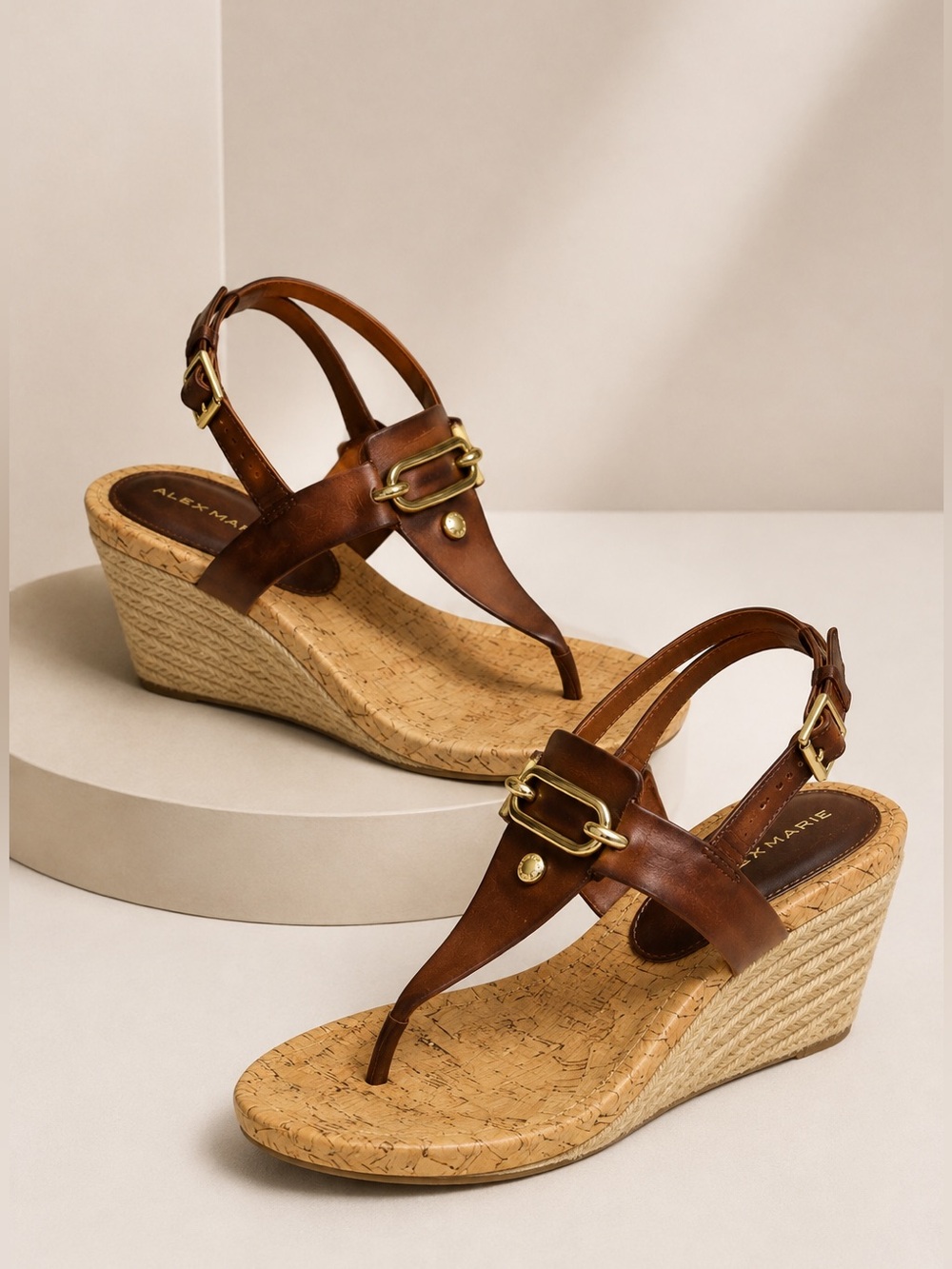 Alex Marie Brown Leather Cork Wedge Espadrille Thong Sandals Size 9M